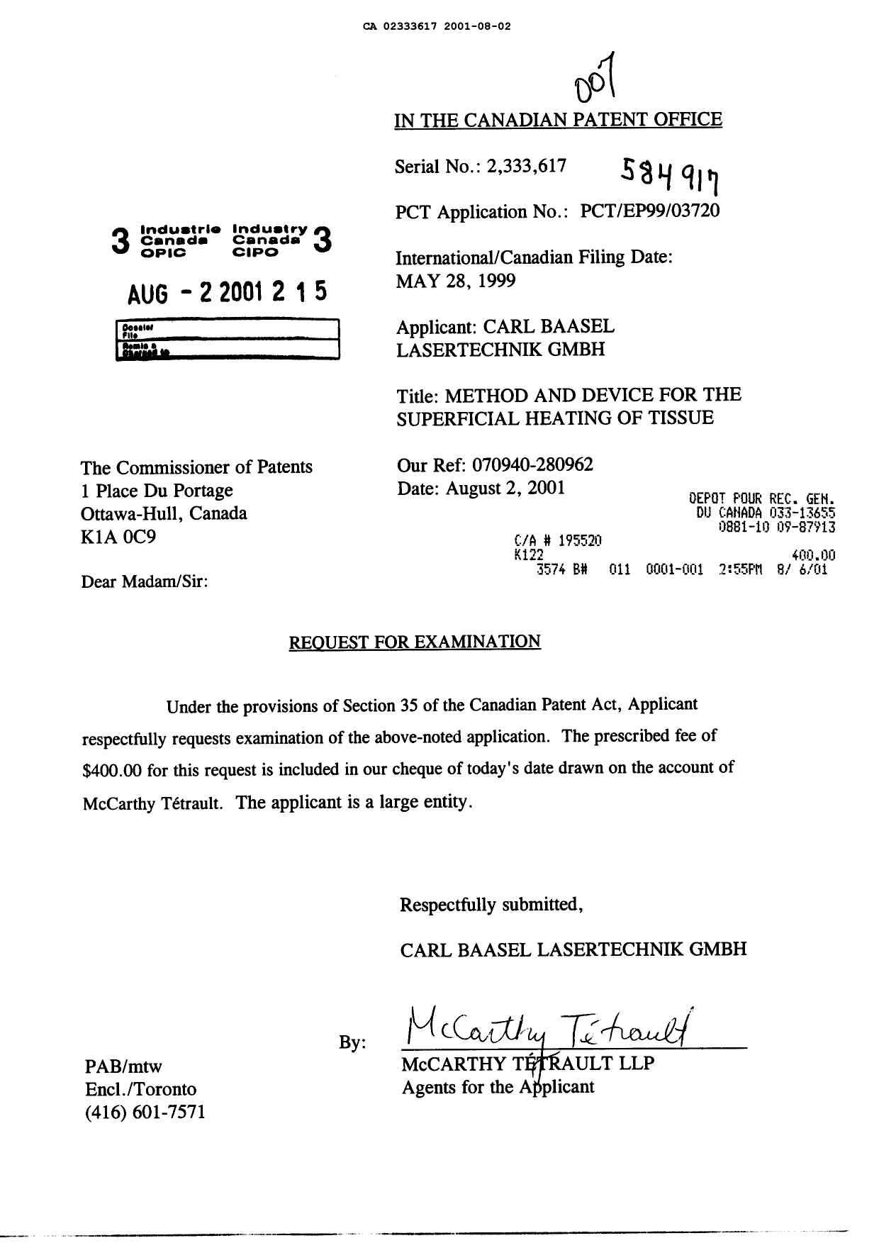 Canadian Patent Document 2333617. Prosecution-Amendment 20010802. Image 1 of 1