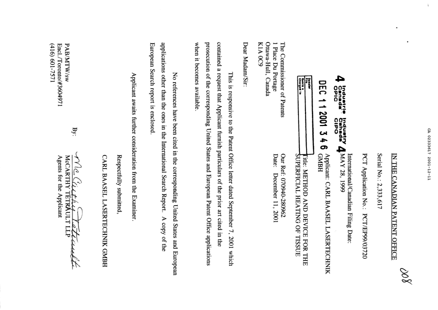 Canadian Patent Document 2333617. Prosecution-Amendment 20011211. Image 1 of 1