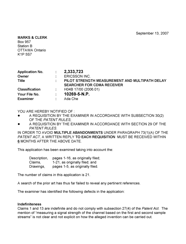 Document de brevet canadien 2333723. Poursuite-Amendment 20070913. Image 1 de 3