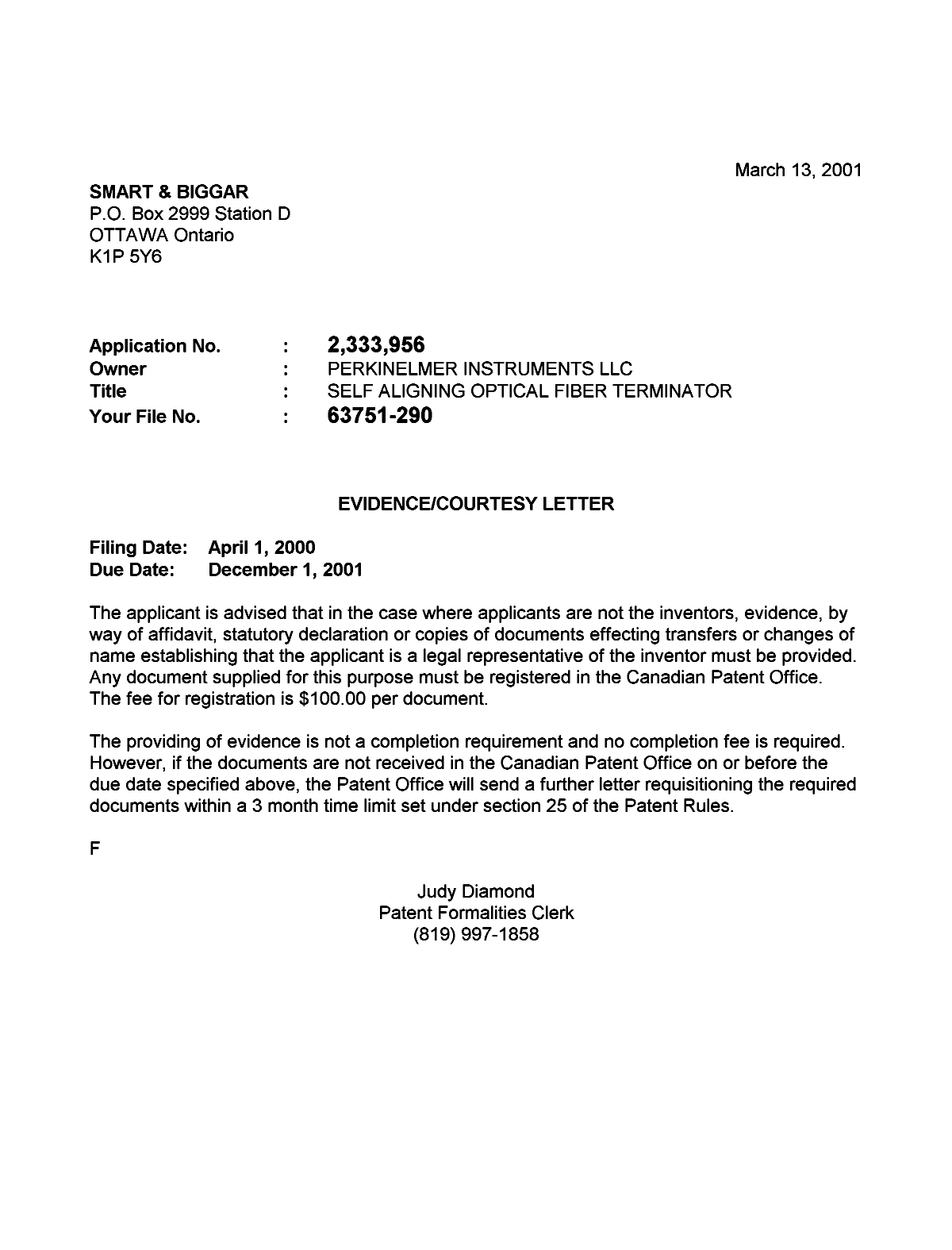 Canadian Patent Document 2333956. Correspondence 20010306. Image 1 of 1