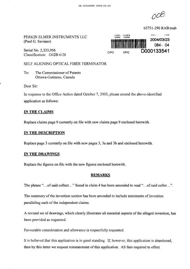 Canadian Patent Document 2333956. Prosecution-Amendment 20040323. Image 1 of 9