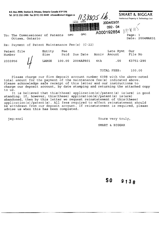 Document de brevet canadien 2333956. Taxes 20040331. Image 1 de 1