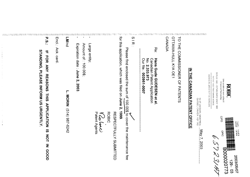 Document de brevet canadien 2333973. Taxes 20030507. Image 1 de 1