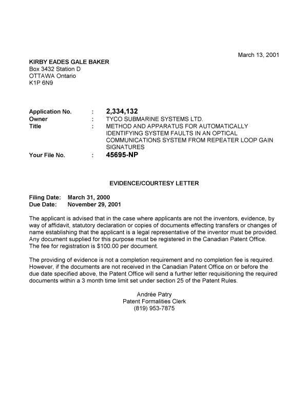 Document de brevet canadien 2334132. Correspondance 20010307. Image 1 de 1