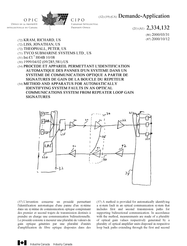 Canadian Patent Document 2334132. Cover Page 20010322. Image 1 of 2