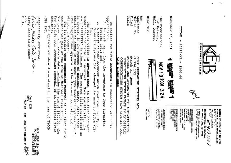 Document de brevet canadien 2334132. Cession 20011119. Image 1 de 10