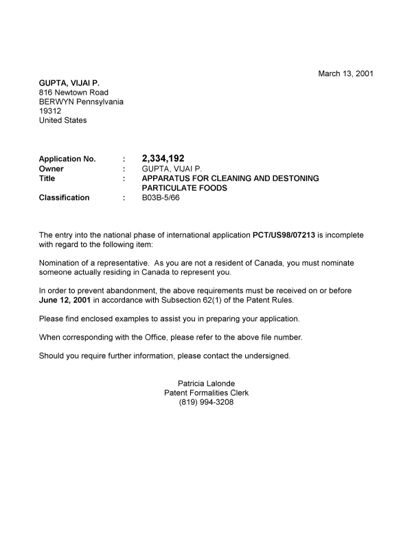 Document de brevet canadien 2334192. Correspondance 20010308. Image 1 de 1
