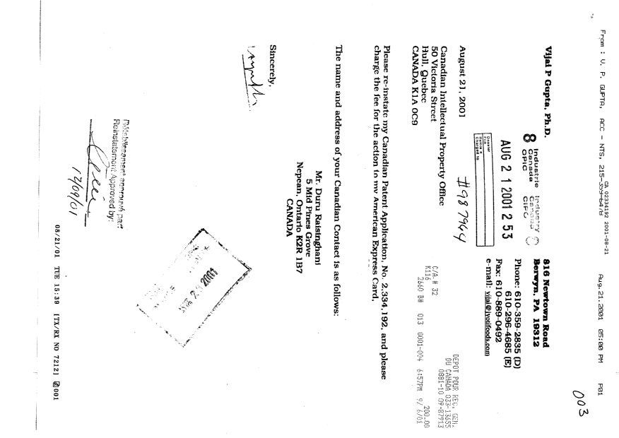 Canadian Patent Document 2334192. Correspondence 20010821. Image 1 of 1