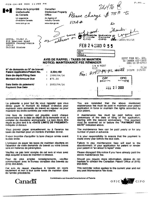 Document de brevet canadien 2334192. Taxes 20030224. Image 1 de 1
