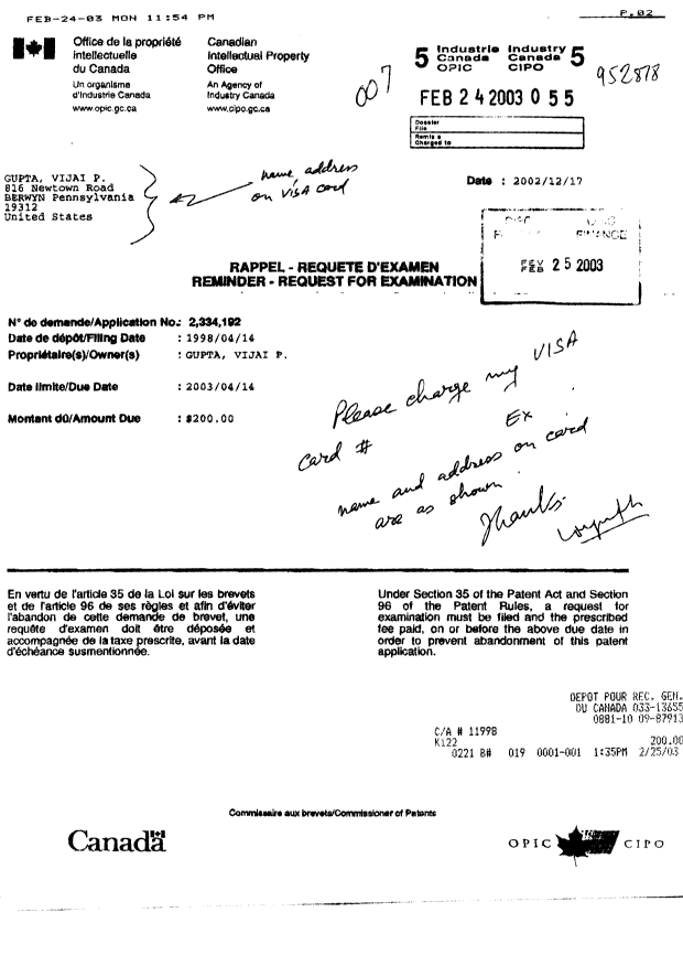 Document de brevet canadien 2334192. Poursuite-Amendment 20030224. Image 1 de 1