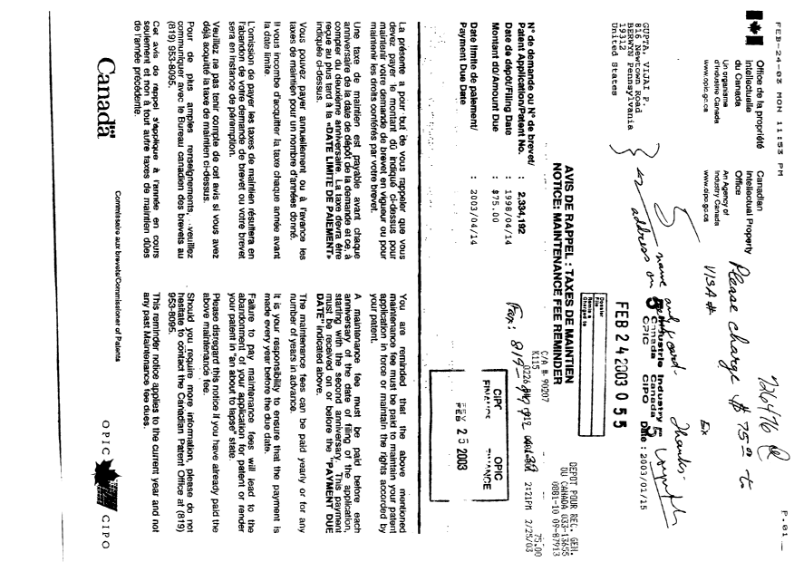 Canadian Patent Document 2334192. Fees 20030224. Image 1 of 1