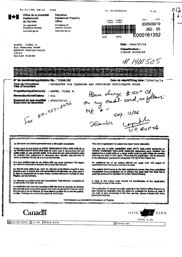 Document de brevet canadien 2334192. Correspondance 20050919. Image 1 de 1