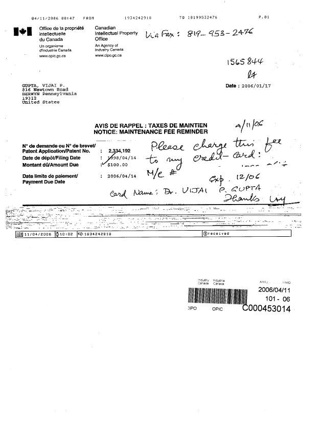 Canadian Patent Document 2334192. Fees 20060411. Image 1 of 1