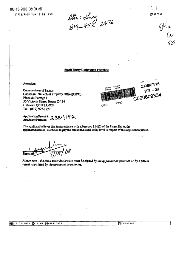 Document de brevet canadien 2334192. Correspondance 20080716. Image 1 de 1