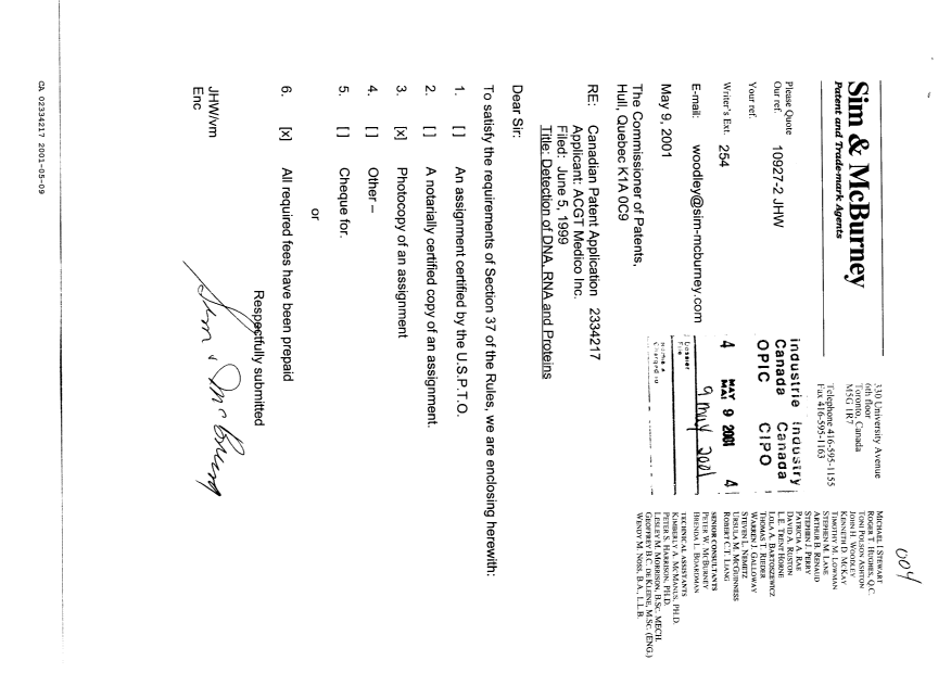 Document de brevet canadien 2334217. Cession 20010509. Image 1 de 3