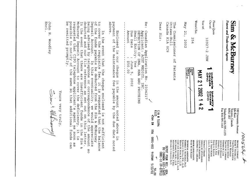 Document de brevet canadien 2334217. Taxes 20020521. Image 1 de 1
