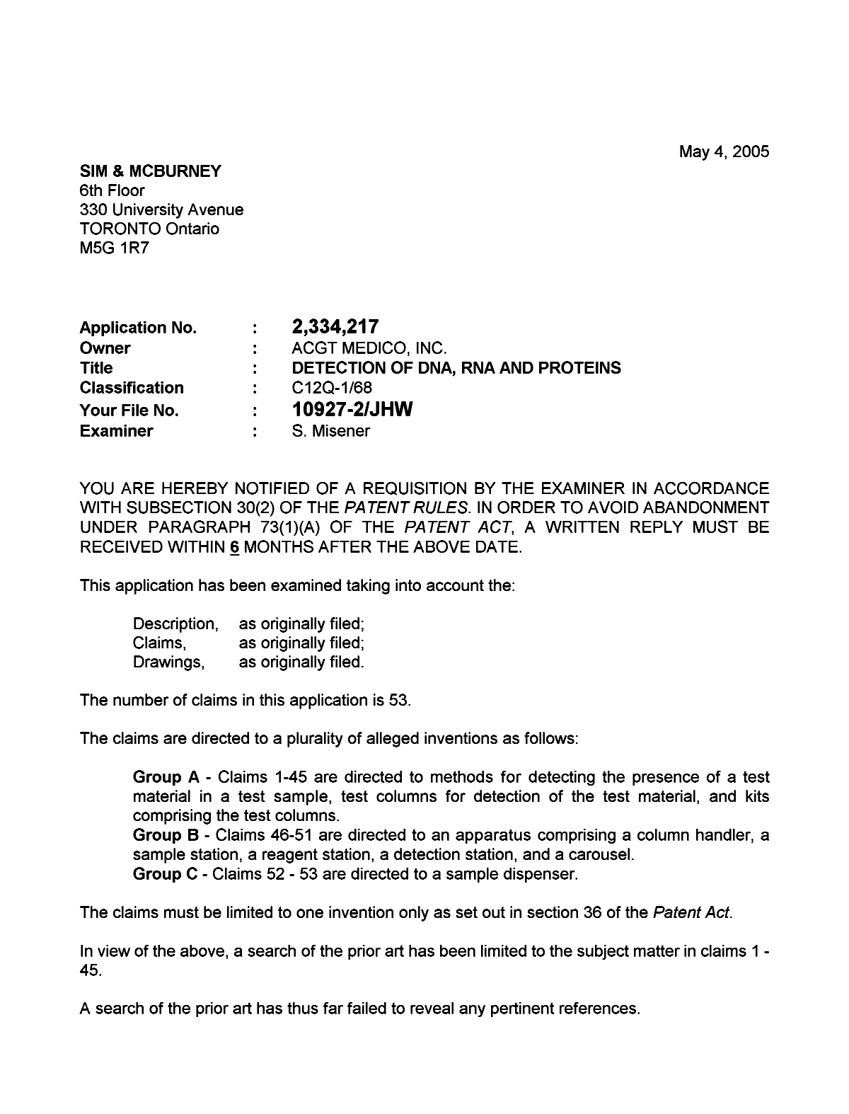 Document de brevet canadien 2334217. Poursuite-Amendment 20050504. Image 1 de 4