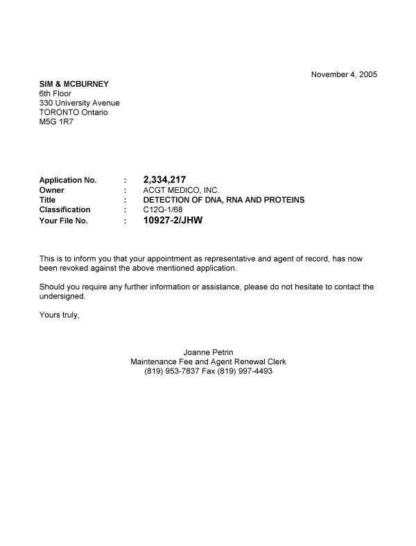 Document de brevet canadien 2334217. Correspondance 20051104. Image 1 de 1