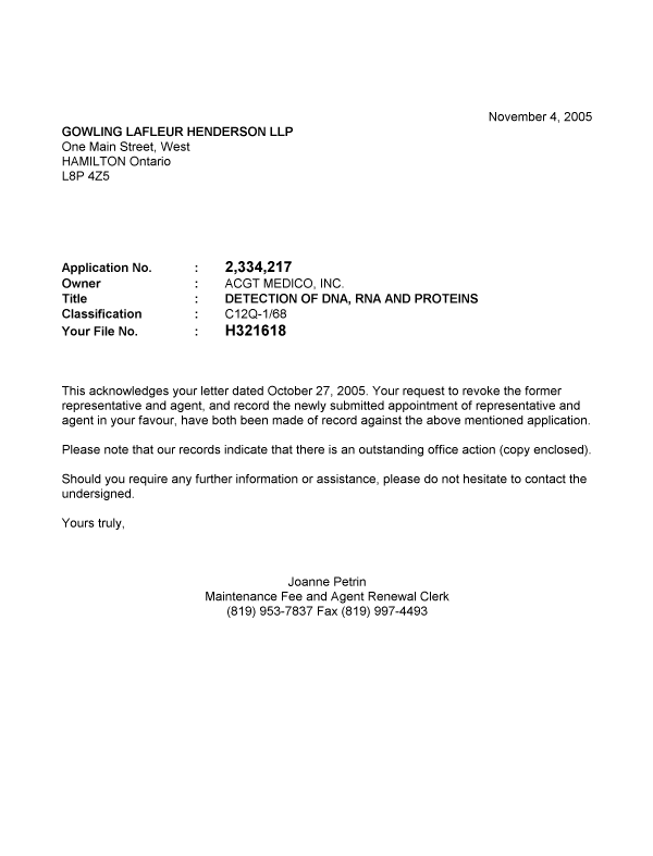 Document de brevet canadien 2334217. Correspondance 20051104. Image 1 de 1