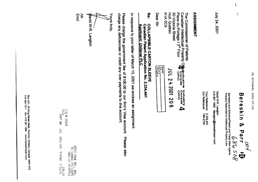Canadian Patent Document 2334441. Assignment 20010724. Image 1 of 3