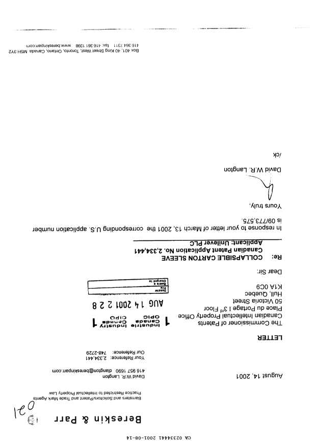 Canadian Patent Document 2334441. Correspondence 20010814. Image 1 of 1