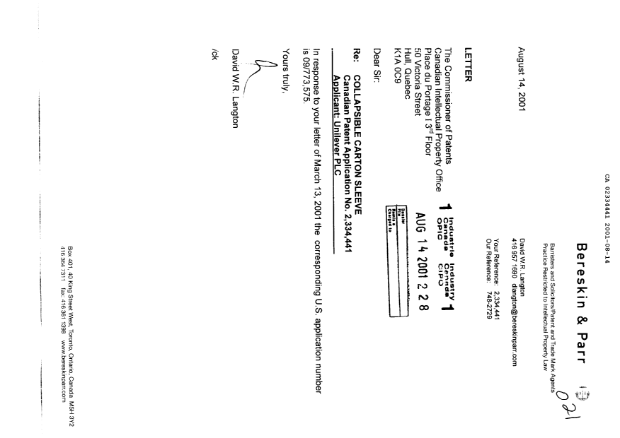 Document de brevet canadien 2334441. Correspondance 20010814. Image 1 de 1