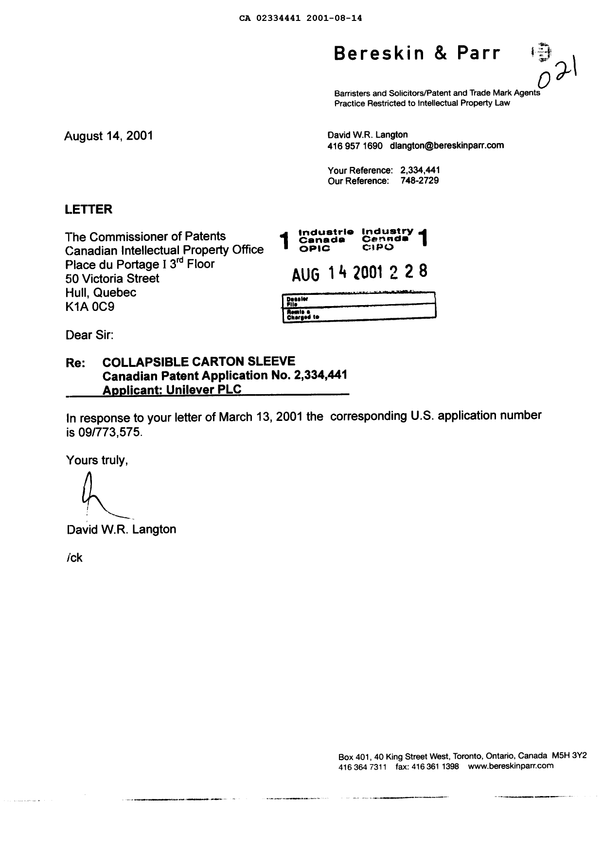 Document de brevet canadien 2334441. Correspondance 20010814. Image 1 de 1
