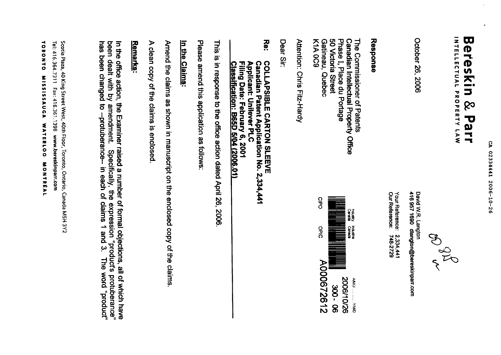 Canadian Patent Document 2334441. Prosecution-Amendment 20061026. Image 1 of 7