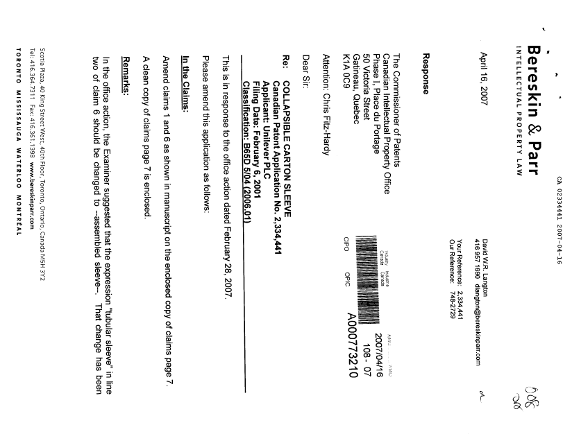 Document de brevet canadien 2334441. Poursuite-Amendment 20070416. Image 1 de 4
