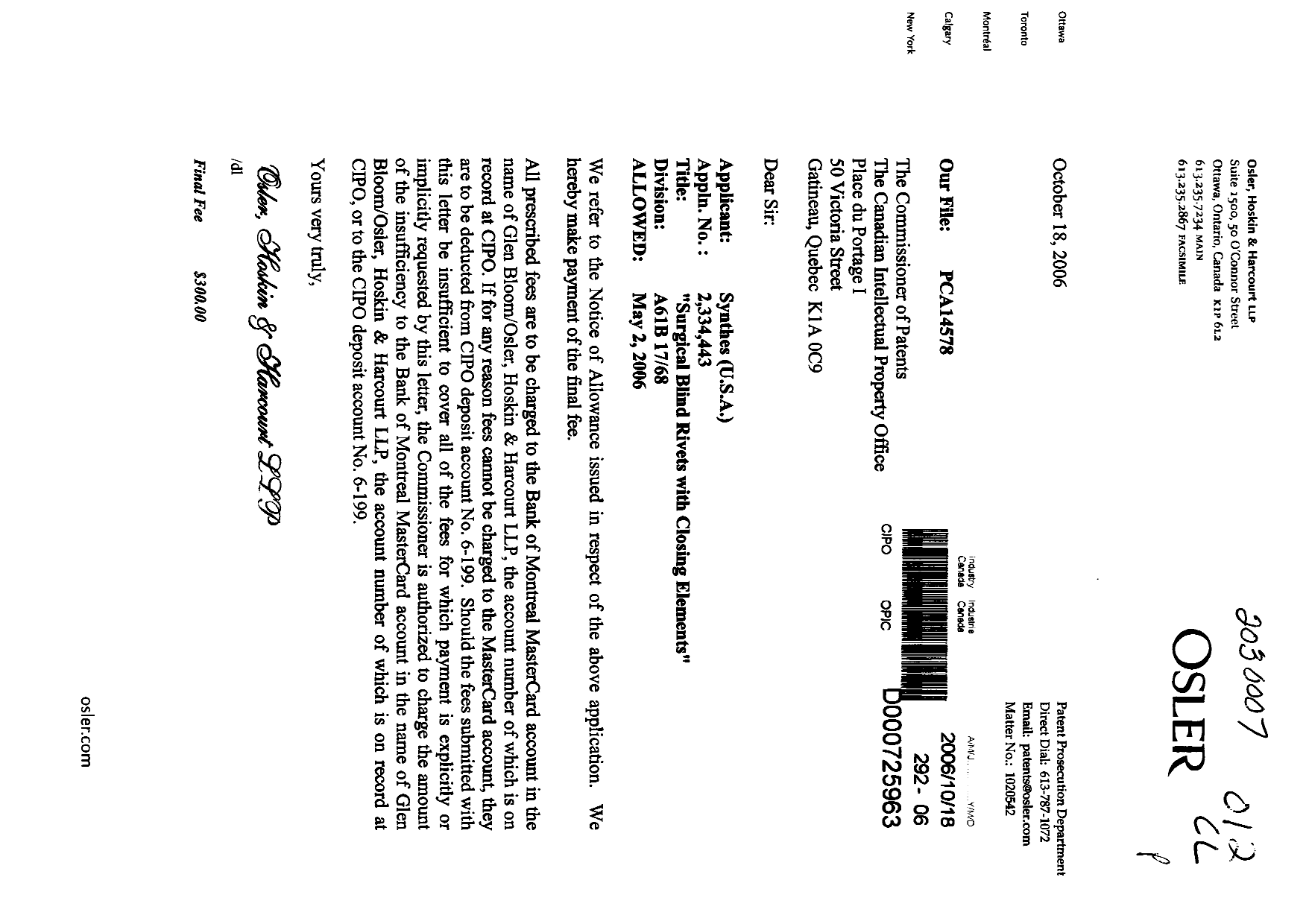 Document de brevet canadien 2334443. Correspondance 20051218. Image 1 de 1