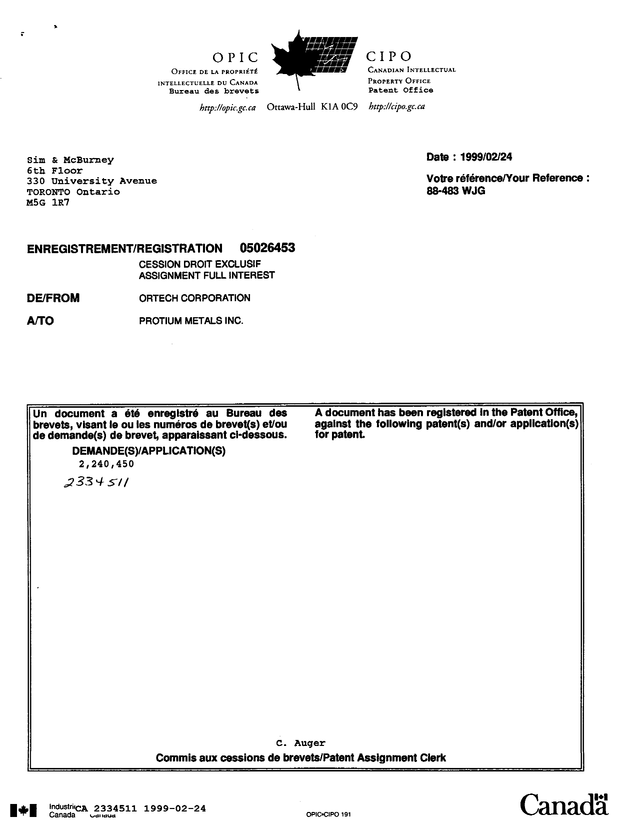 Document de brevet canadien 2334511. Cession 19981224. Image 1 de 3