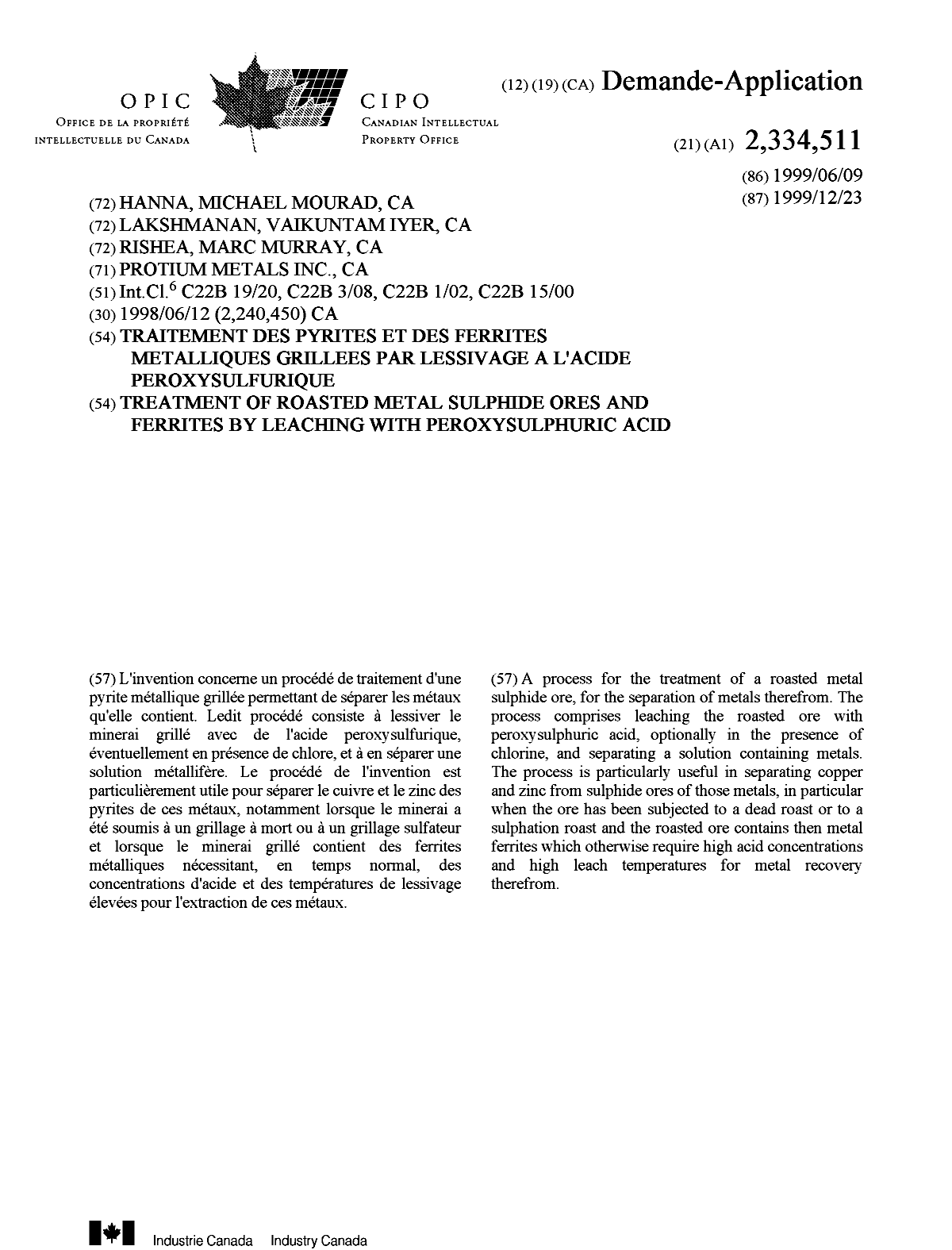 Document de brevet canadien 2334511. Page couverture 20001227. Image 1 de 1