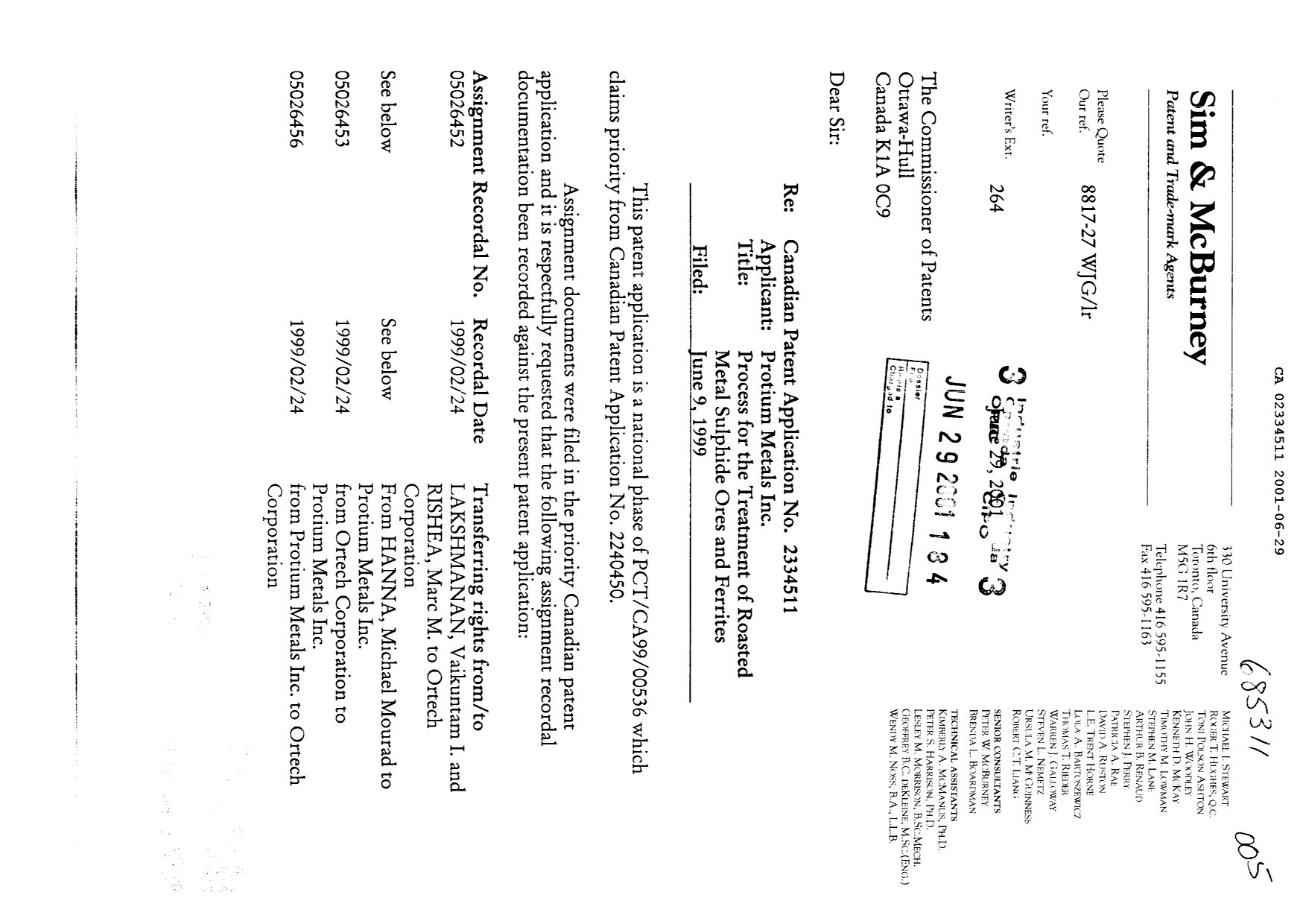 Canadian Patent Document 2334511. Assignment 20001229. Image 1 of 2