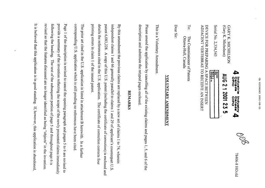 Document de brevet canadien 2334543. Poursuite-Amendment 20001221. Image 1 de 18