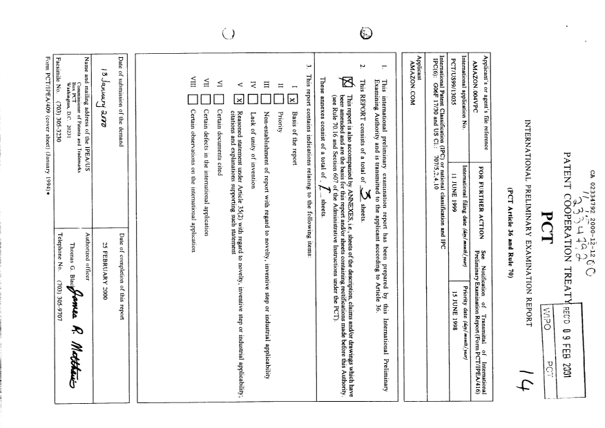 Document de brevet canadien 2334792. PCT 20001212. Image 1 de 3