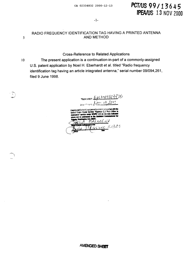 Document de brevet canadien 2334832. Description 20001213. Image 1 de 14