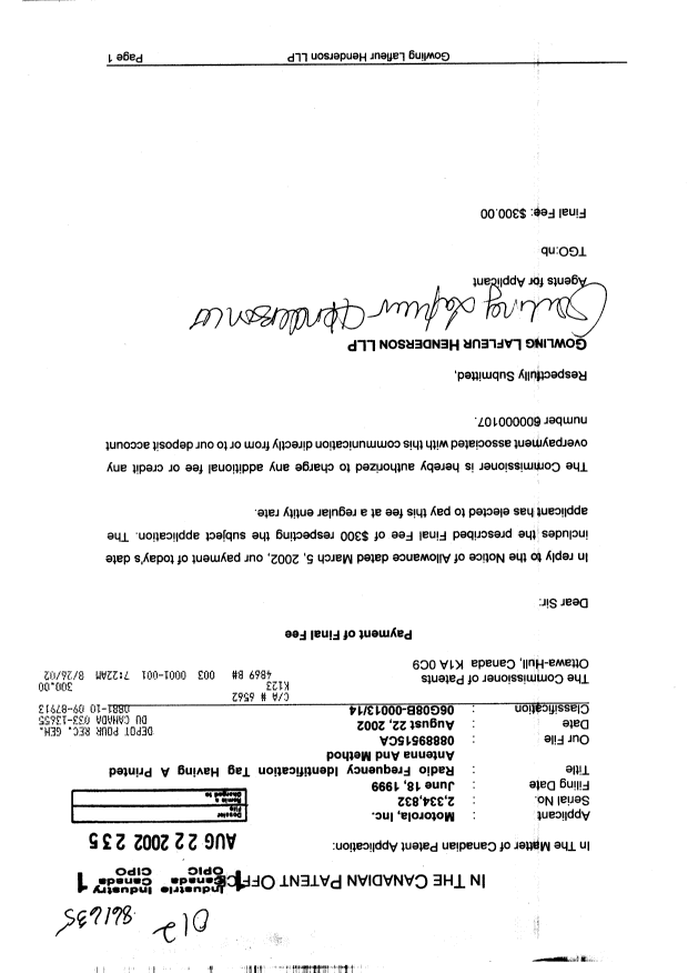 Canadian Patent Document 2334832. Correspondence 20020822. Image 1 of 1