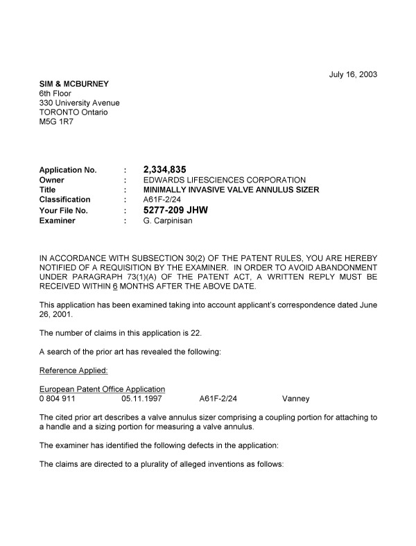 Document de brevet canadien 2334835. Poursuite-Amendment 20030716. Image 1 de 3