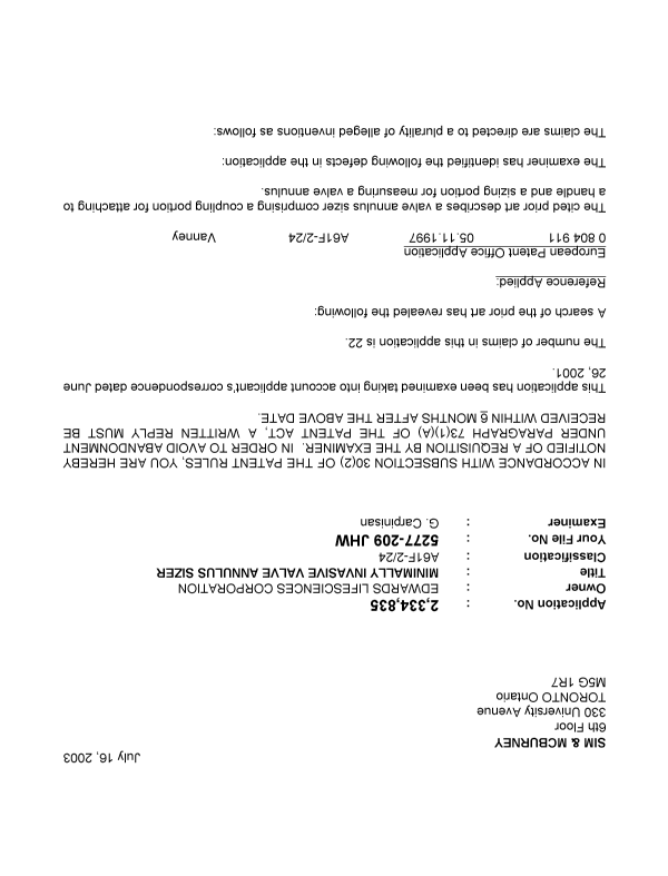 Canadian Patent Document 2334835. Prosecution-Amendment 20030716. Image 1 of 3