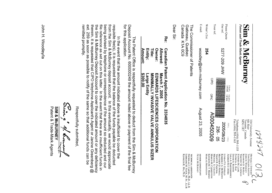 Document de brevet canadien 2334835. Correspondance 20050823. Image 1 de 1