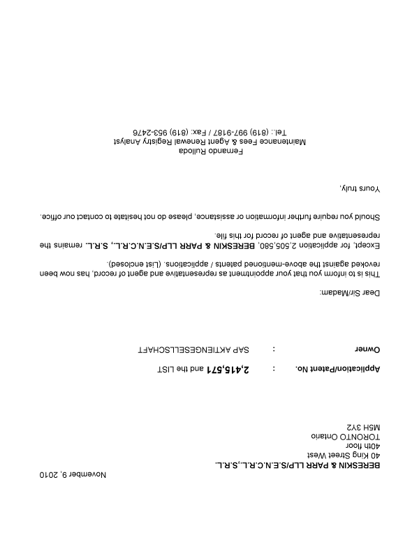 Document de brevet canadien 2334865. Correspondance 20101109. Image 1 de 1