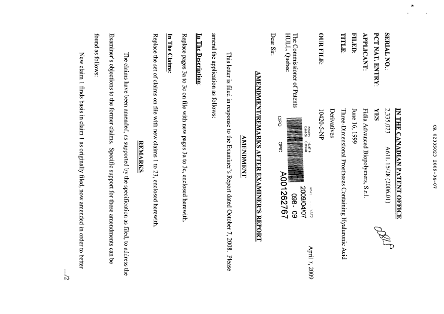 Document de brevet canadien 2335023. Poursuite-Amendment 20090407. Image 1 de 17