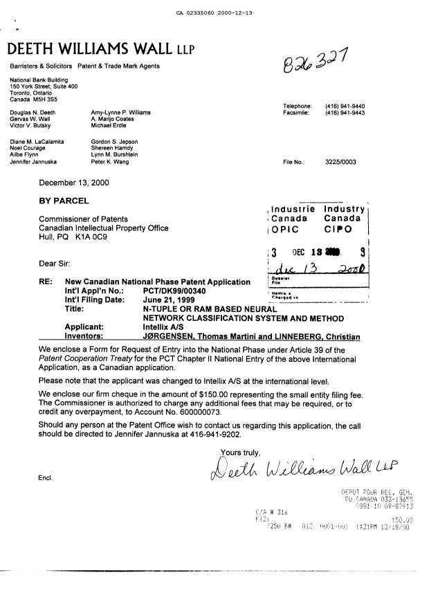 Document de brevet canadien 2335060. Cession 20001213. Image 1 de 3