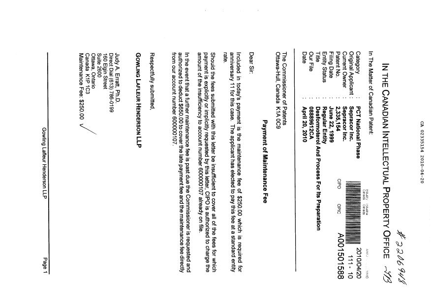 Document de brevet canadien 2335154. Taxes 20100420. Image 1 de 1