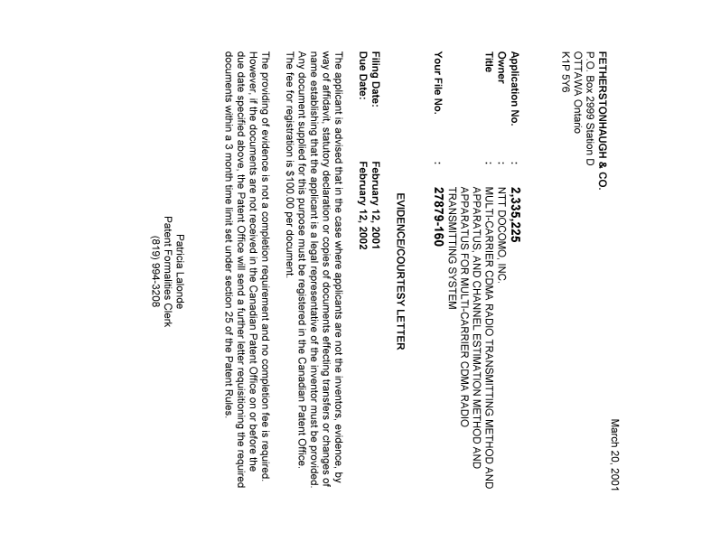 Document de brevet canadien 2335225. Correspondance 20010314. Image 1 de 1