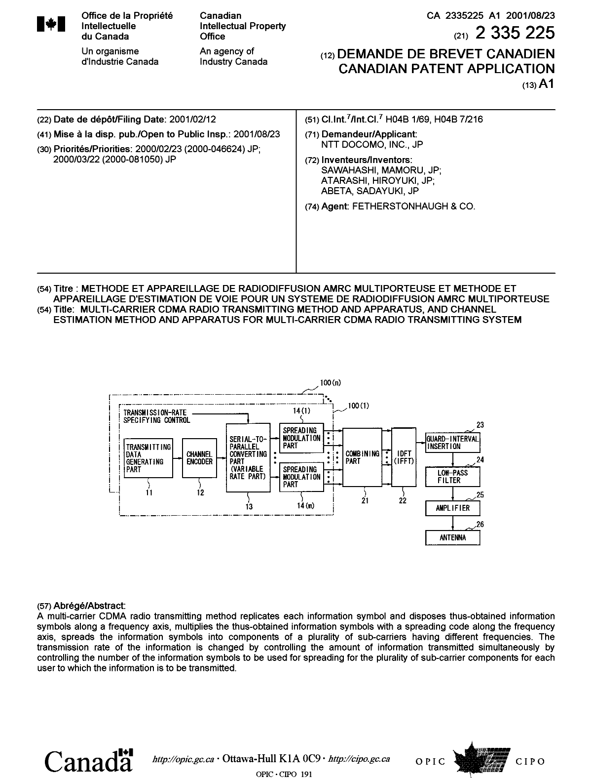 Document de brevet canadien 2335225. Page couverture 20010820. Image 1 de 1