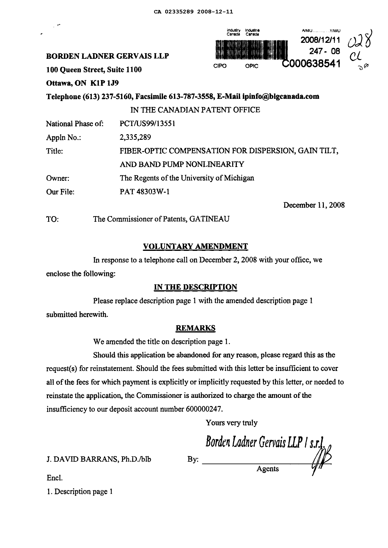 Canadian Patent Document 2335289. Correspondence 20071211. Image 1 of 2