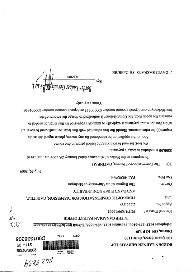 Document de brevet canadien 2335289. Correspondance 20090729. Image 1 de 1