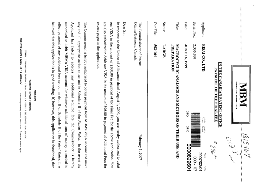 Document de brevet canadien 2335300. Correspondance 20070201. Image 1 de 2