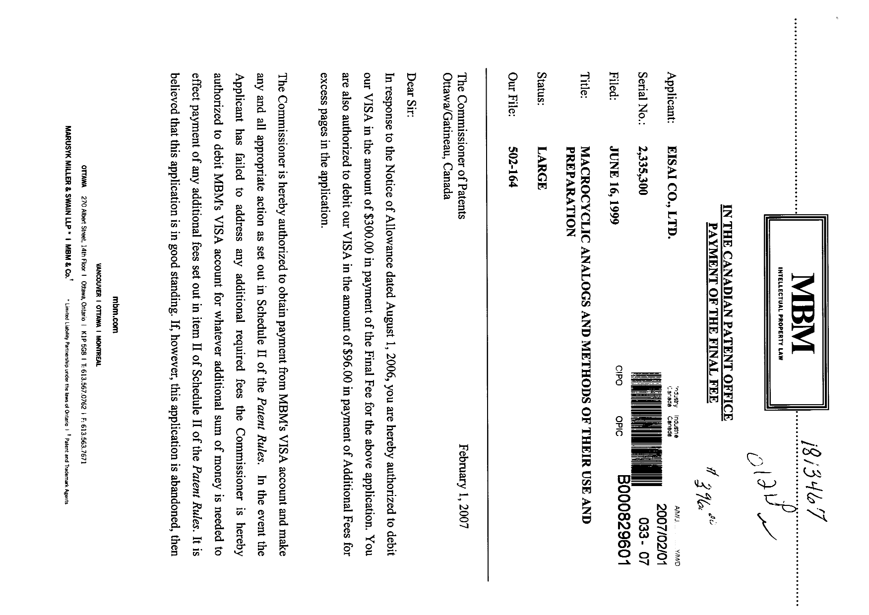 Canadian Patent Document 2335300. Correspondence 20070201. Image 1 of 2